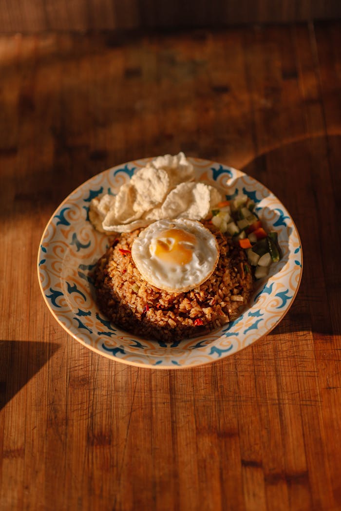 Plate of Indonesian fried rice with a sunny-side-up egg, crackers, and vegetables.